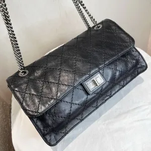 Chanel 2.55 Black Quilted Waxy Leather Chain Bag Jumbo