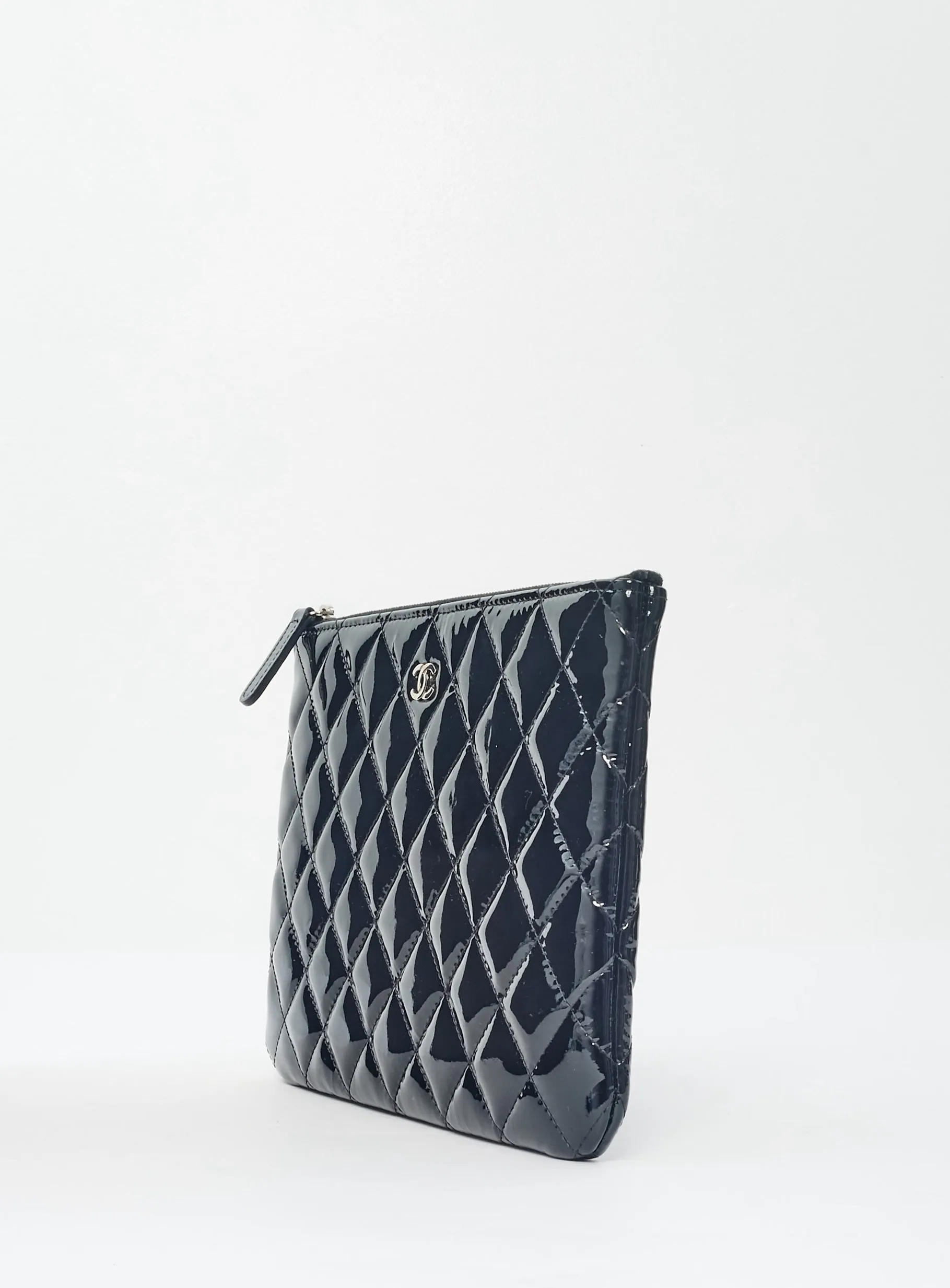 Chanel Black Patent Leather Quilted Classic Zip Pouch