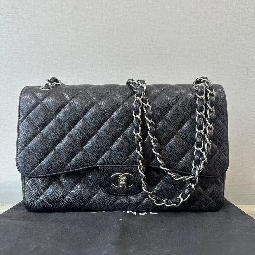 Chanel CF Jumbo Black Caviar Quilted Shoulder Bag