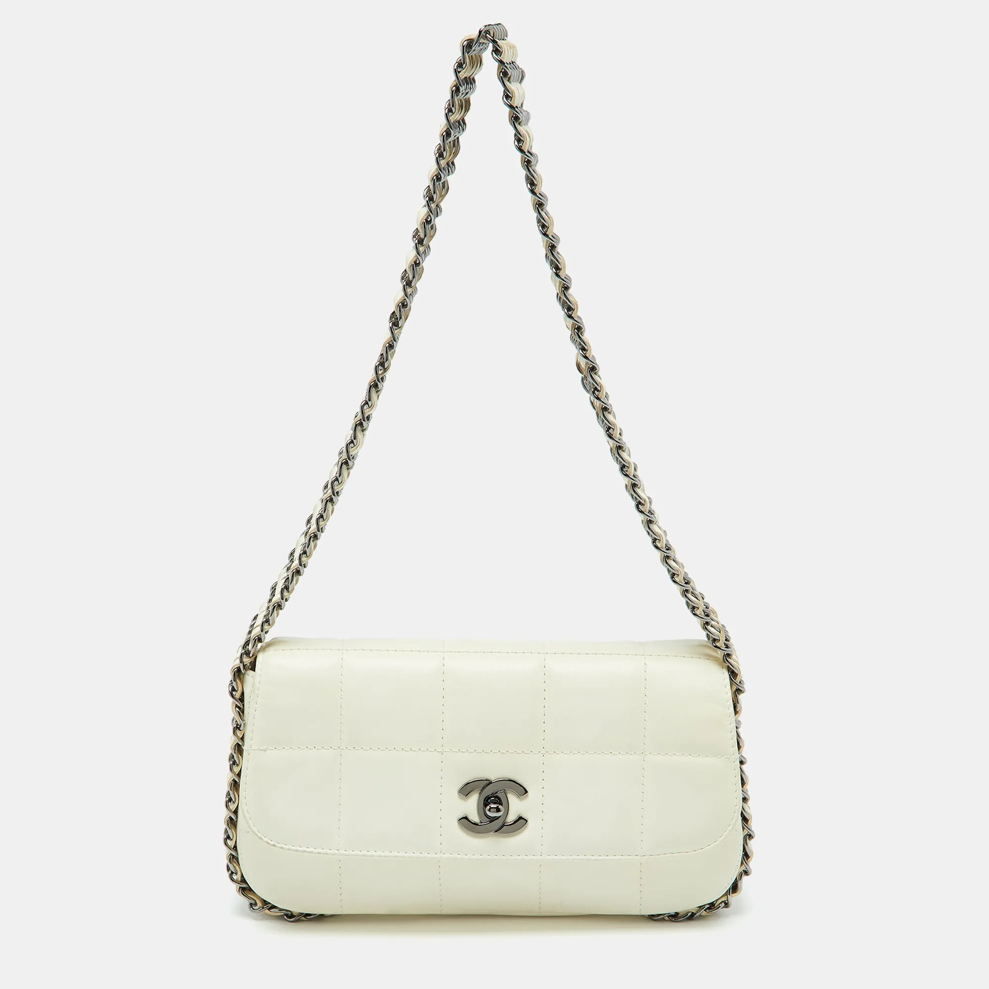 CHANEL White Square Quilted Leather Multi Chain Classic New Bag