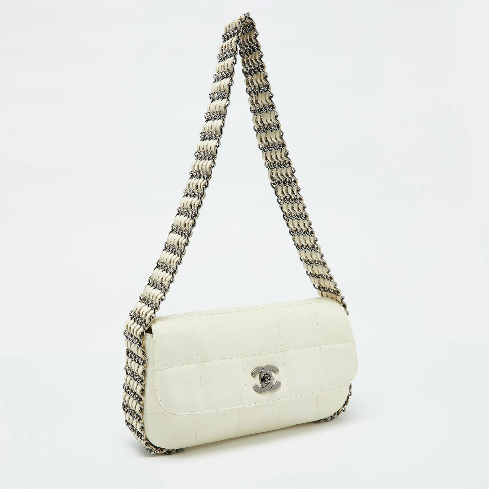 CHANEL White Square Quilted Leather Multi Chain Classic New Bag