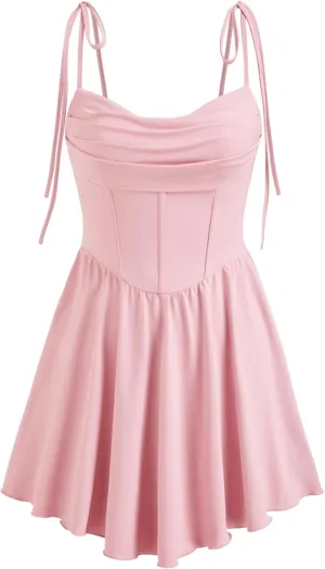 CIDER Womens Cowl Neck Tie up Mini Dresses Sleeveless Ruched A Line Corset Short Formal Party Wedding Guest Club Dress
