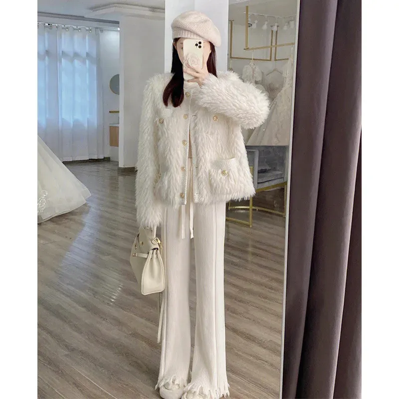 cold weather outfits Joskaa 2024 Autumn/Winter New Socialite Style Women's Jacket And Pants 2-Piece Set High-Waisted Knit Straight-Leg Design Faux Leather S