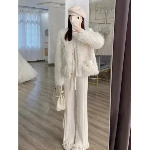 cold weather outfits Joskaa 2024 Autumn/Winter New Socialite Style Women's Jacket And Pants 2-Piece Set High-Waisted Knit Straight-Leg Design Faux Leather S