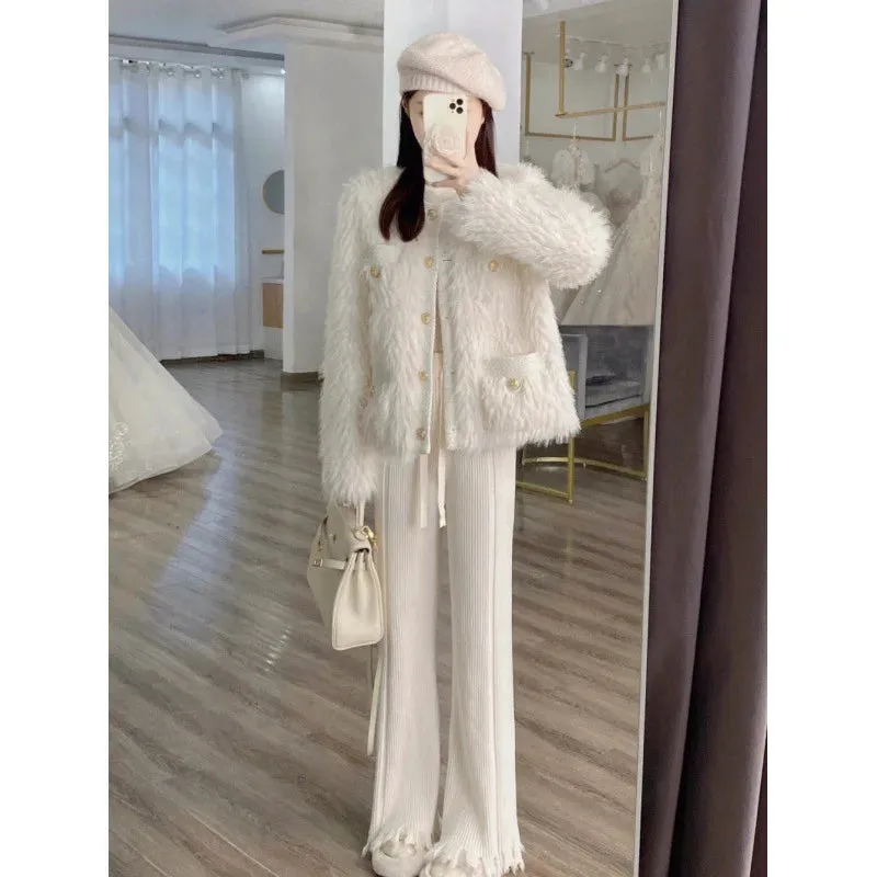 cold weather outfits Joskaa 2024 Autumn/Winter New Socialite Style Women's Jacket And Pants 2-Piece Set High-Waisted Knit Straight-Leg Design Faux Leather S
