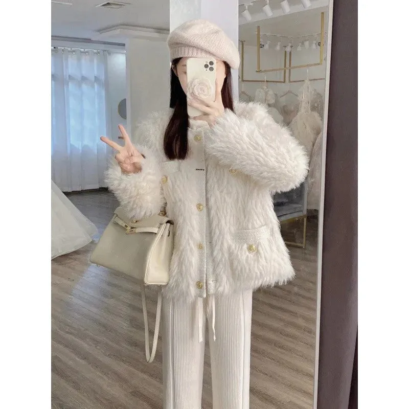 cold weather outfits Joskaa 2024 Autumn/Winter New Socialite Style Women's Jacket And Pants 2-Piece Set High-Waisted Knit Straight-Leg Design Faux Leather S
