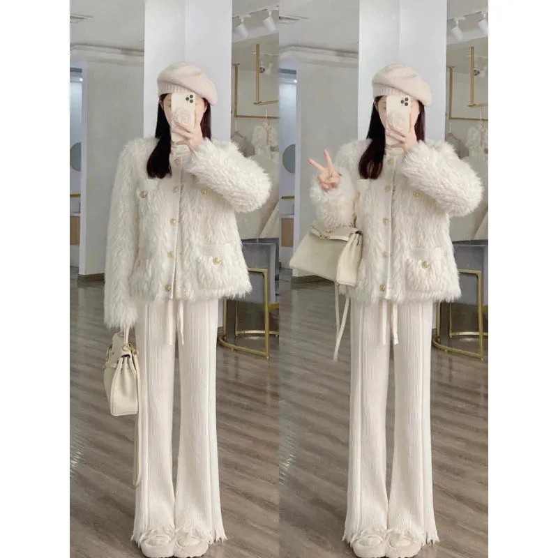 cold weather outfits Joskaa 2024 Autumn/Winter New Socialite Style Women's Jacket And Pants 2-Piece Set High-Waisted Knit Straight-Leg Design Faux Leather S
