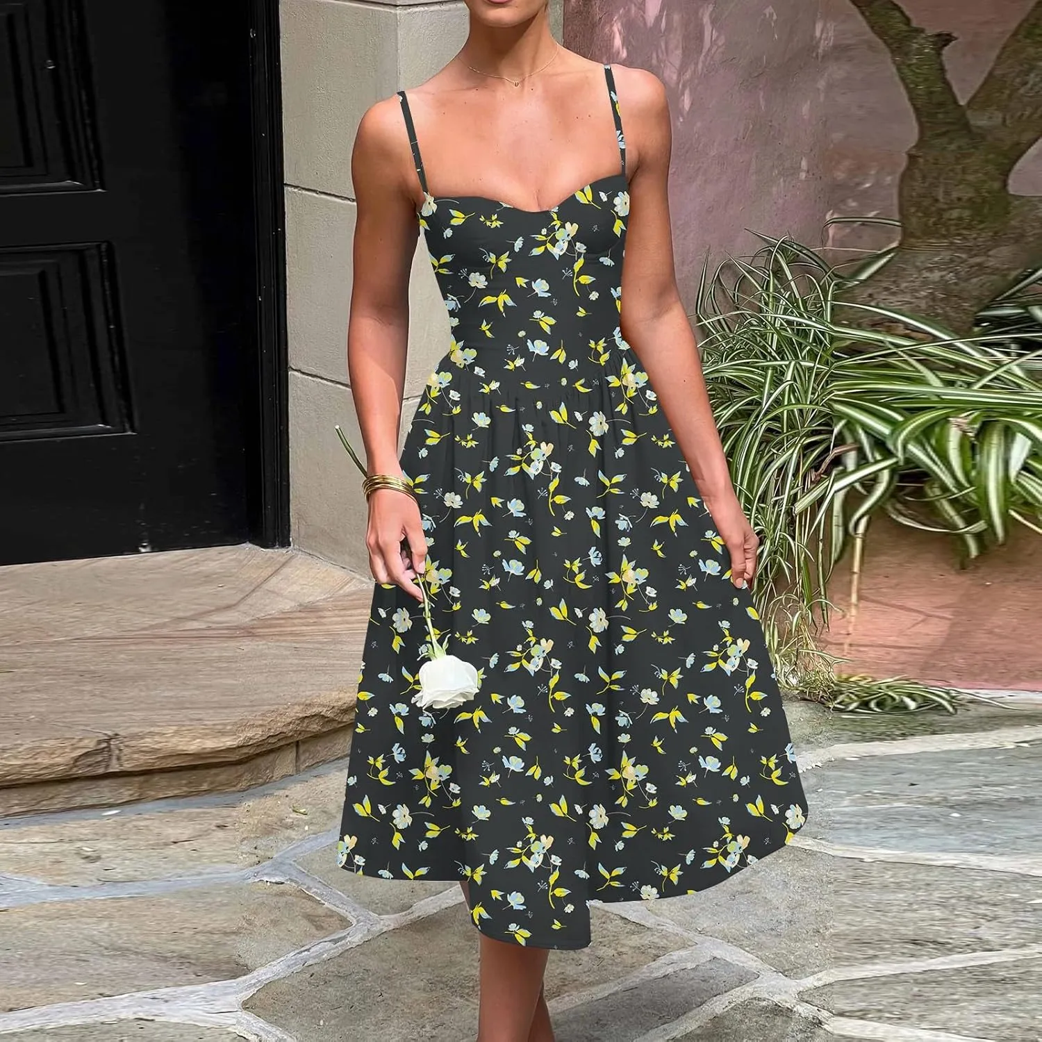 Corset Dress for Women 2024 Formal Spaghetti Strap Bustier Midi Dresses Flowy Pleated Hem Corset Sundress