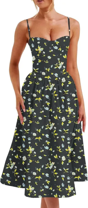Corset Dress for Women 2024 Formal Spaghetti Strap Bustier Midi Dresses Flowy Pleated Hem Corset Sundress