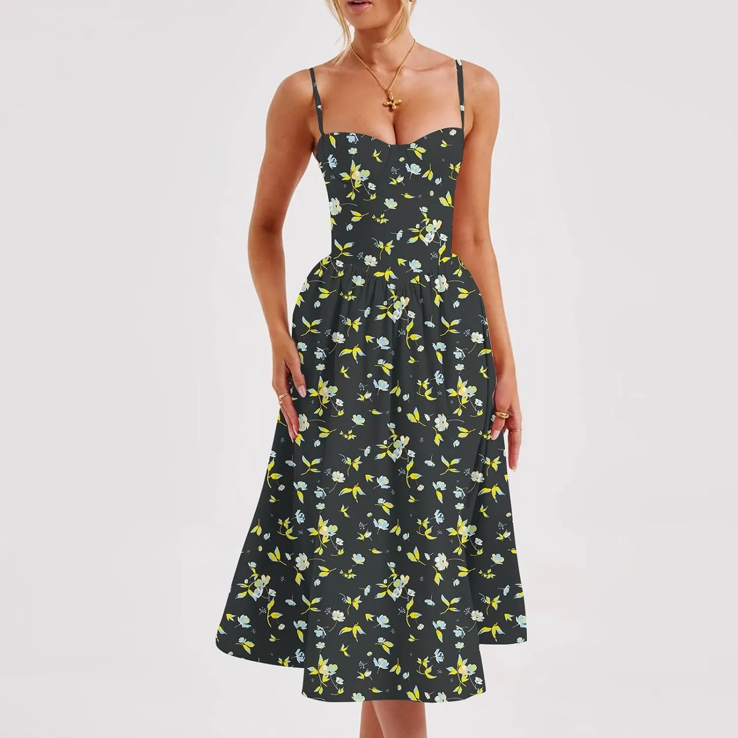 Corset Dress for Women 2024 Formal Spaghetti Strap Bustier Midi Dresses Flowy Pleated Hem Corset Sundress