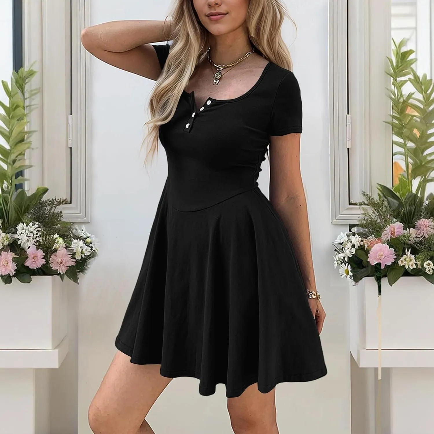 Corset Dress for Women 2025 Summer Drop Waist Mini Dresses Casual Short Sleeve Button Henley Shirt Dress with Pockets