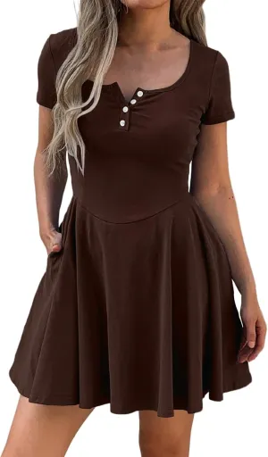 Corset Dress for Women 2025 Summer Drop Waist Mini Dresses Casual Short Sleeve Button Henley Shirt Dress with Pockets