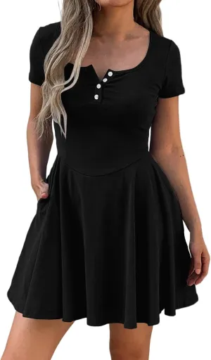 Corset Dress for Women 2025 Summer Drop Waist Mini Dresses Casual Short Sleeve Button Henley Shirt Dress with Pockets