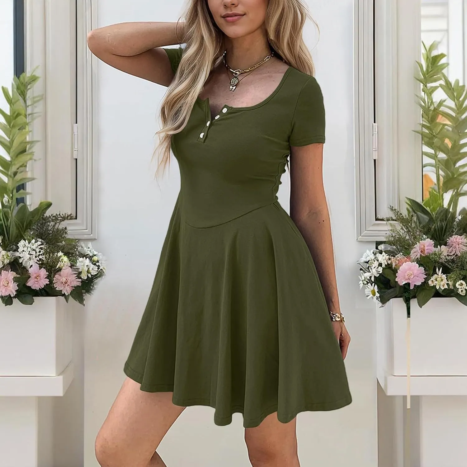 Corset Dress for Women 2025 Summer Drop Waist Mini Dresses Casual Short Sleeve Button Henley Shirt Dress with Pockets