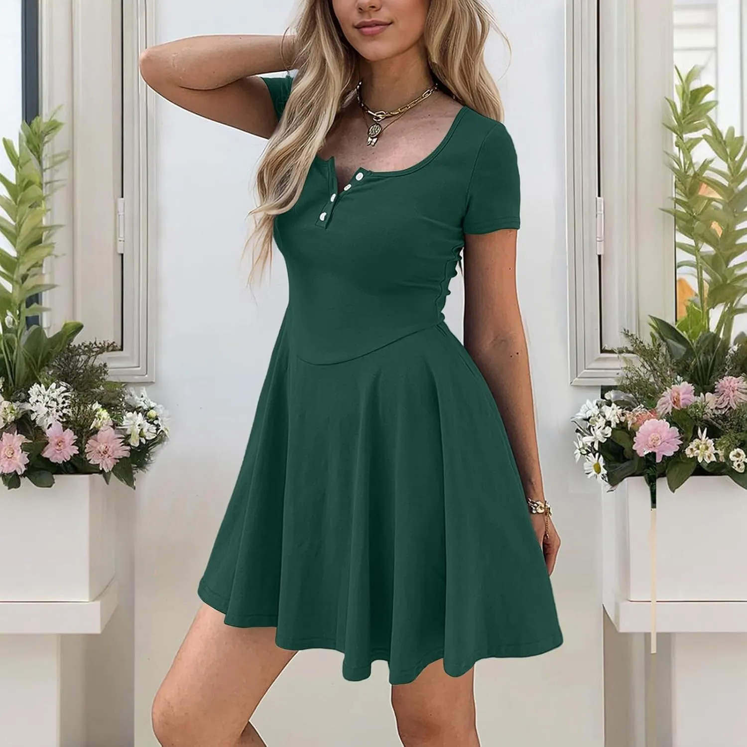 Corset Dress for Women 2025 Summer Drop Waist Mini Dresses Casual Short Sleeve Button Henley Shirt Dress with Pockets