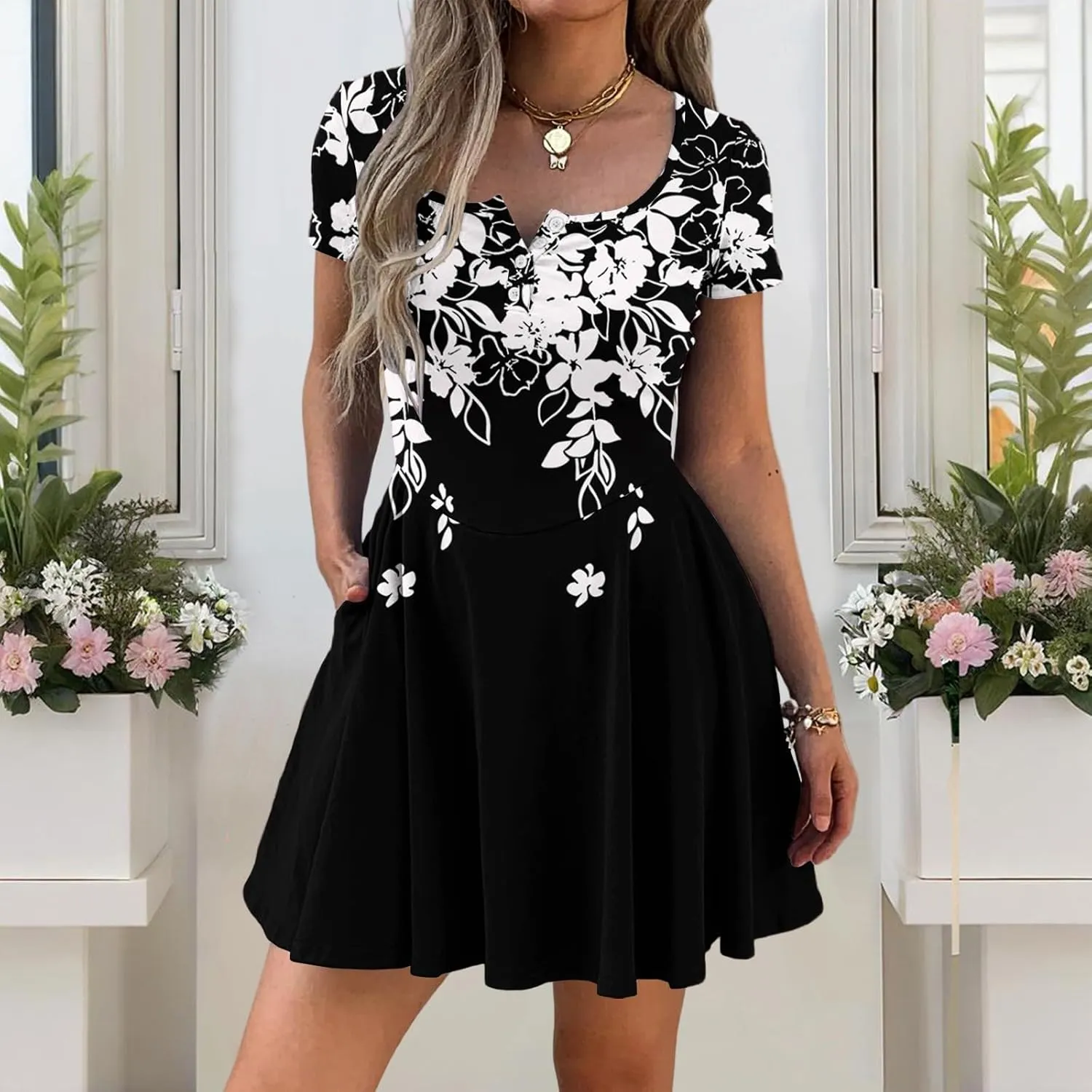Corset Dress for Women 2025 Summer Drop Waist Mini Dresses Casual Short Sleeve Button Henley Shirt Dress with Pockets