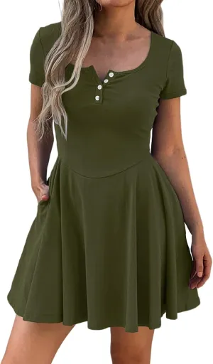 Corset Dress for Women 2025 Summer Drop Waist Mini Dresses Casual Short Sleeve Button Henley Shirt Dress with Pockets