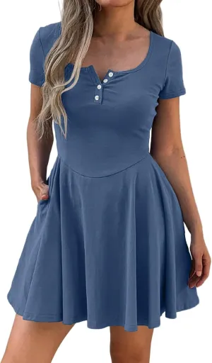 Corset Dress for Women 2025 Summer Drop Waist Mini Dresses Casual Short Sleeve Button Henley Shirt Dress with Pockets