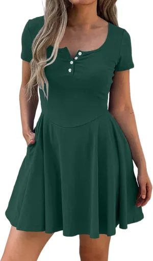 Corset Dress for Women 2025 Summer Drop Waist Mini Dresses Casual Short Sleeve Button Henley Shirt Dress with Pockets