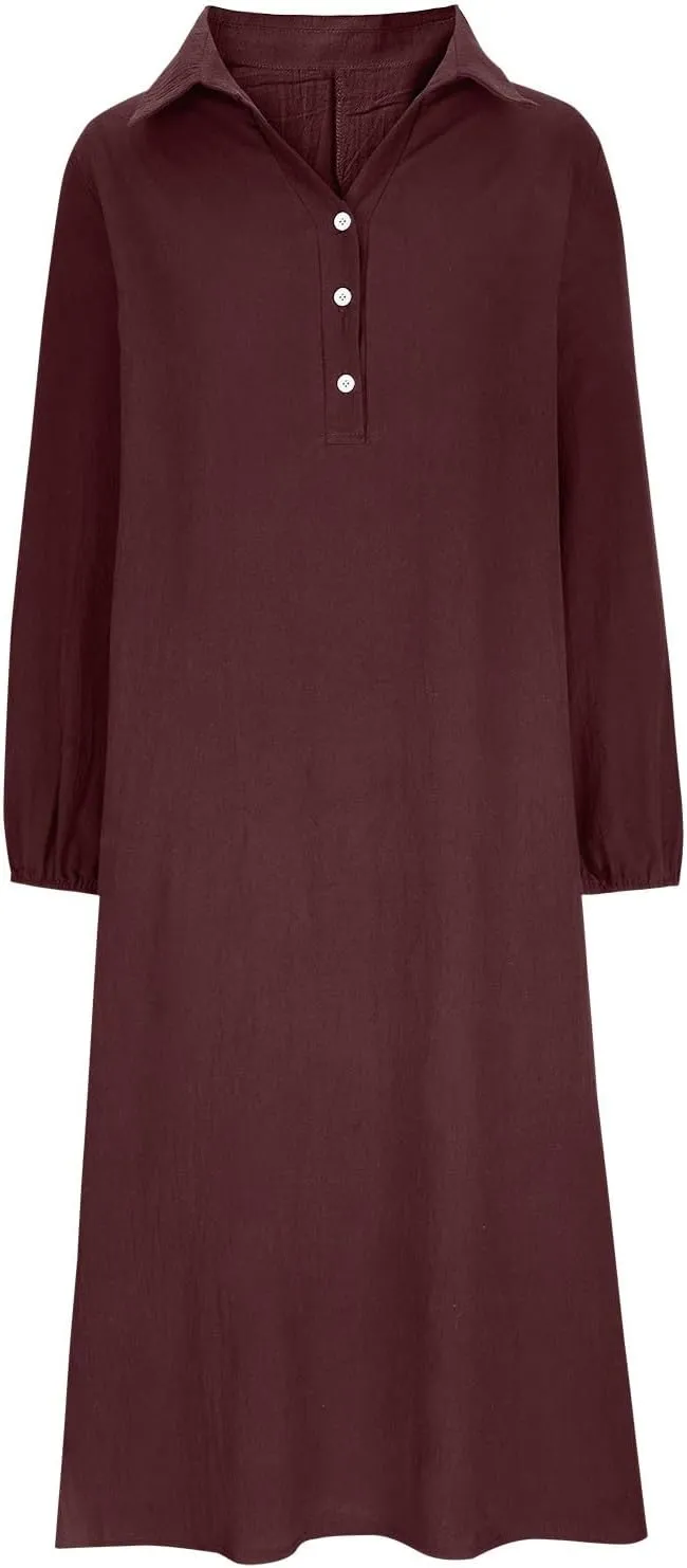 Cotton Linen Dress for Women 2024 Fall Winter Long Sleeve Button Down Dresses Causal Loose Flowy Maxi Dresses Party