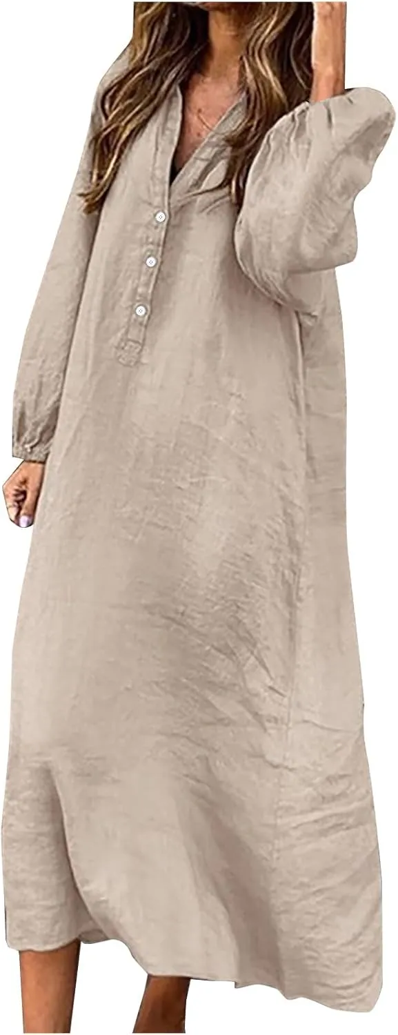 Cotton Linen Dress for Women 2024 Fall Winter Long Sleeve Button Down Dresses Causal Loose Flowy Maxi Dresses Party