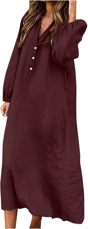Cotton Linen Dress for Women 2024 Fall Winter Long Sleeve Button Down Dresses Causal Loose Flowy Maxi Dresses Party