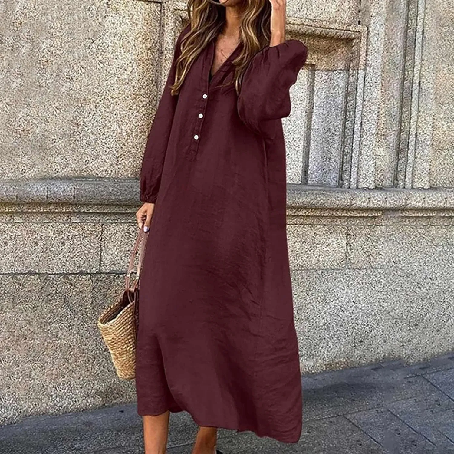 Cotton Linen Dress for Women 2024 Fall Winter Long Sleeve Button Down Dresses Causal Loose Flowy Maxi Dresses Party