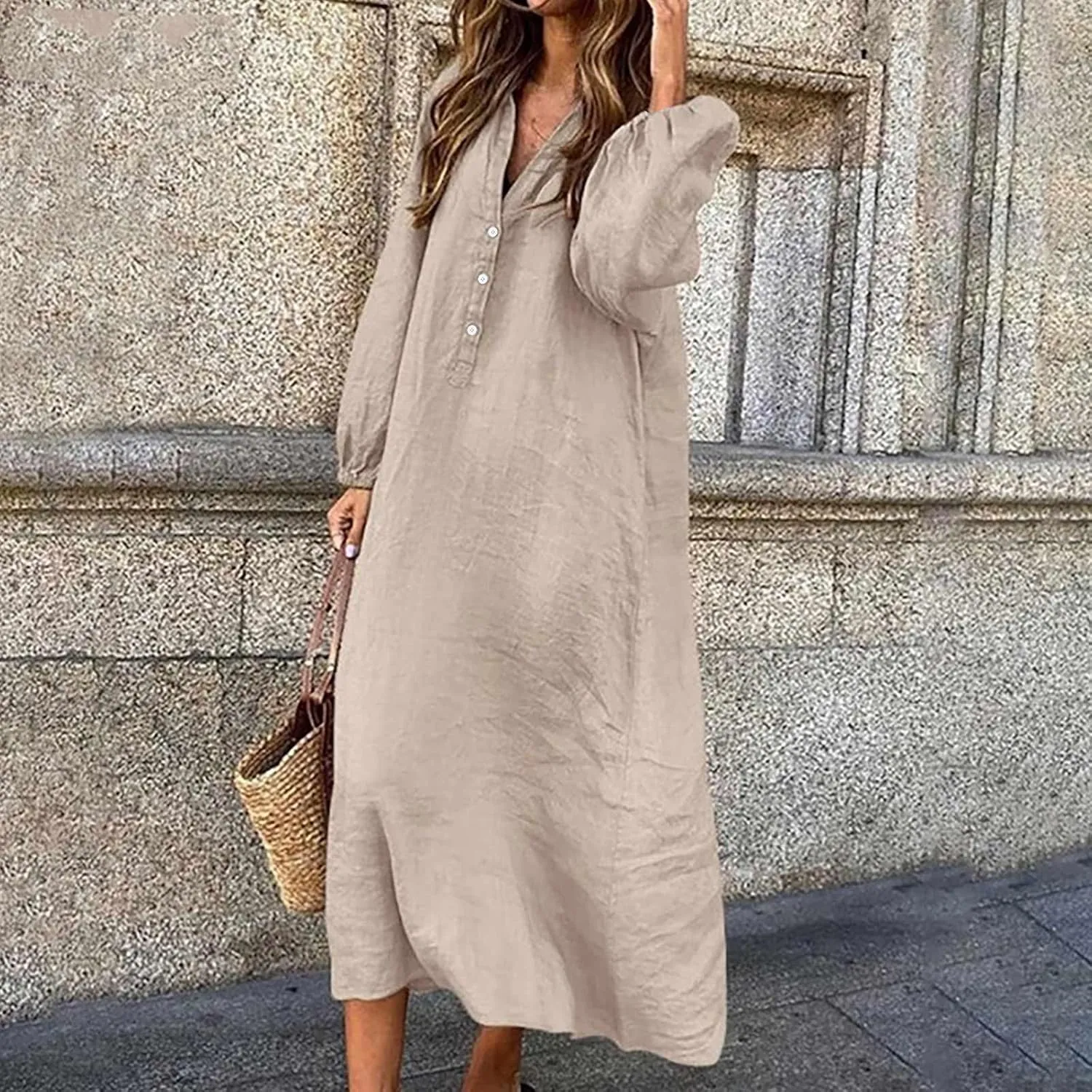 Cotton Linen Dress for Women 2024 Fall Winter Long Sleeve Button Down Dresses Causal Loose Flowy Maxi Dresses Party