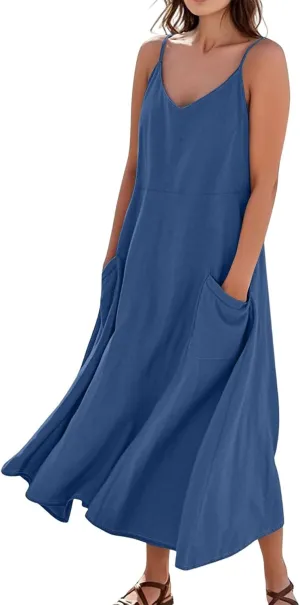 Cotton Linen Sundress for Women Plus Size Sleeveless Spaghetti Strap Midi Dress Loose Beach Vacation with Pockets