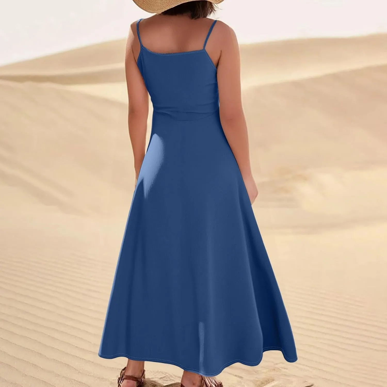 Cotton Linen Sundress for Women Plus Size Sleeveless Spaghetti Strap Midi Dress Loose Beach Vacation with Pockets