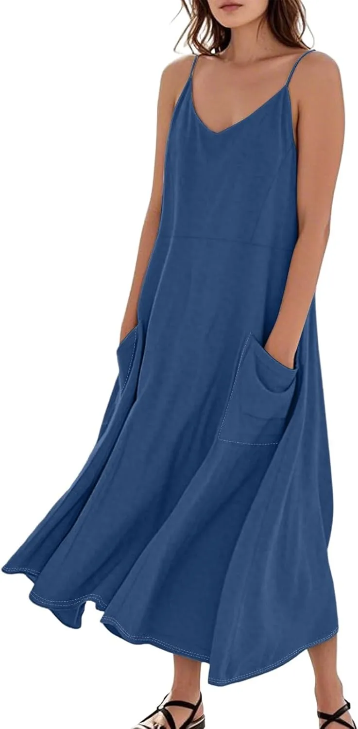 Cotton Linen Sundress for Women Plus Size Sleeveless Spaghetti Strap Midi Dress Loose Beach Vacation with Pockets