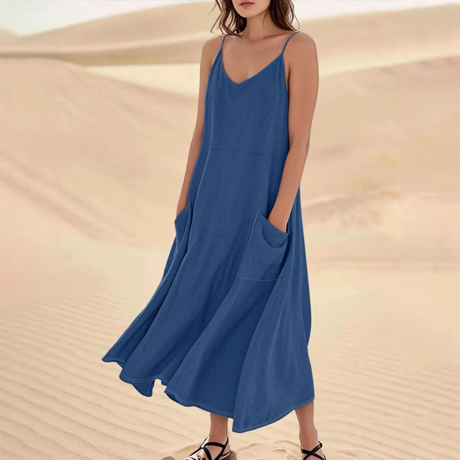 Cotton Linen Sundress for Women Plus Size Sleeveless Spaghetti Strap Midi Dress Loose Beach Vacation with Pockets