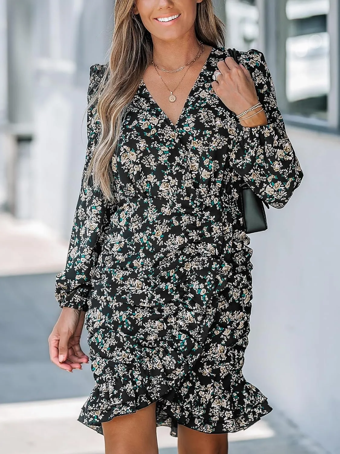 CUPSHE Shirred Ruffle Floral Fall Dress for Women Ditsy Surplice V Neck Long Puff Sleeve Flounce Hem Autumn Mini Dresses
