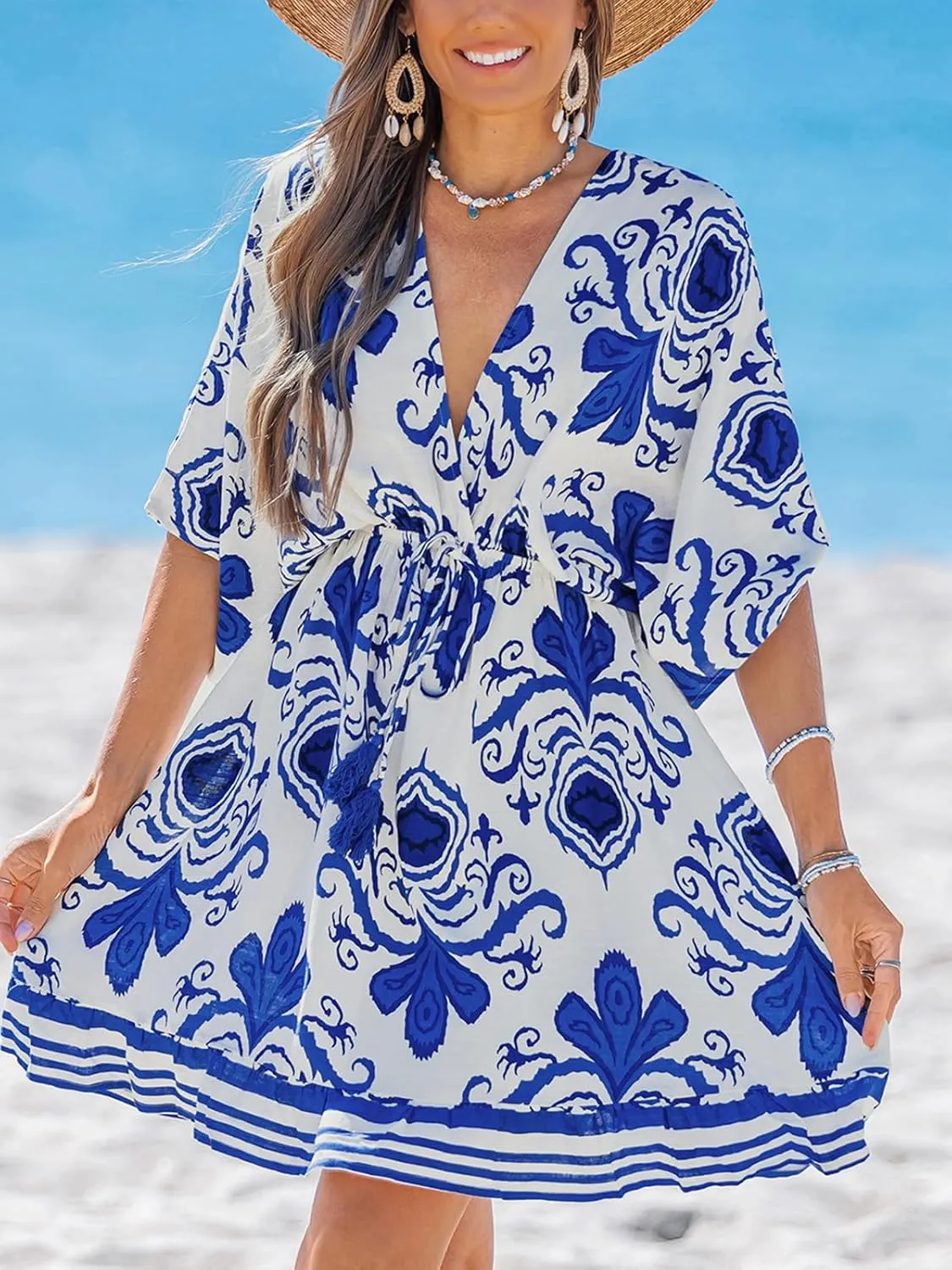 CUPSHE Women's Plunging V Neck Backless Beach Dress Paisley Boho Blouson Sleeve Back Tie Waist Tie Mini Summer Dresses