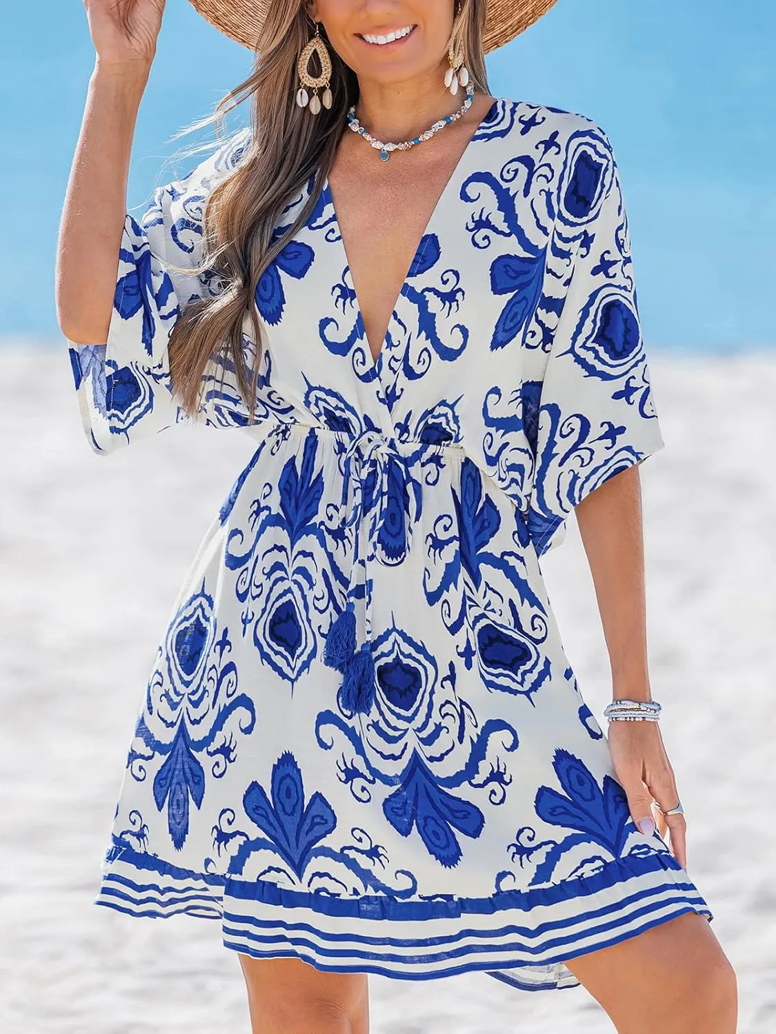 CUPSHE Women's Plunging V Neck Backless Beach Dress Paisley Boho Blouson Sleeve Back Tie Waist Tie Mini Summer Dresses