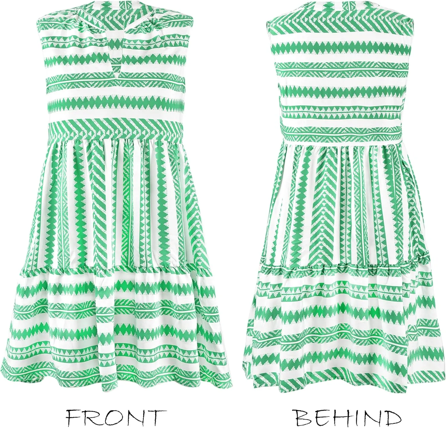 CUPSHE Women's Ruffle Beach Mini Dress Split V Neck A Line Sleeveless Geometric Stripe Tropical Leaf Pattern Summer Dresses