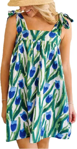 Cute Floral Mini Dresses for Women Boho Tie Shoulder Short Beach Dress Vintage Backless Tiered Flowy Ruffle Sundress