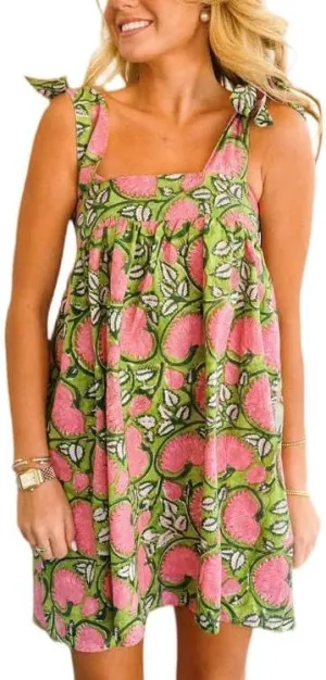 Cute Floral Mini Dresses for Women Boho Tie Shoulder Short Beach Dress Vintage Backless Tiered Flowy Ruffle Sundress