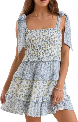 Cute Floral Mini Dresses for Women Boho Tie Shoulder Short Beach Dress Vintage Backless Tiered Flowy Ruffle Sundress