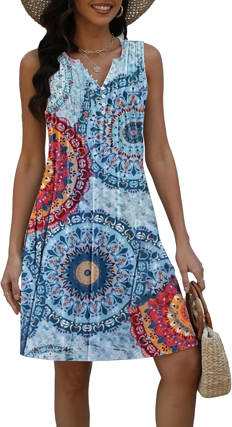 Disamer Beach Dresses for Women 2025 Vacation Swim Cover up V-Neck Summer Dress Button Down Sleeveless Boho Floral Sundress