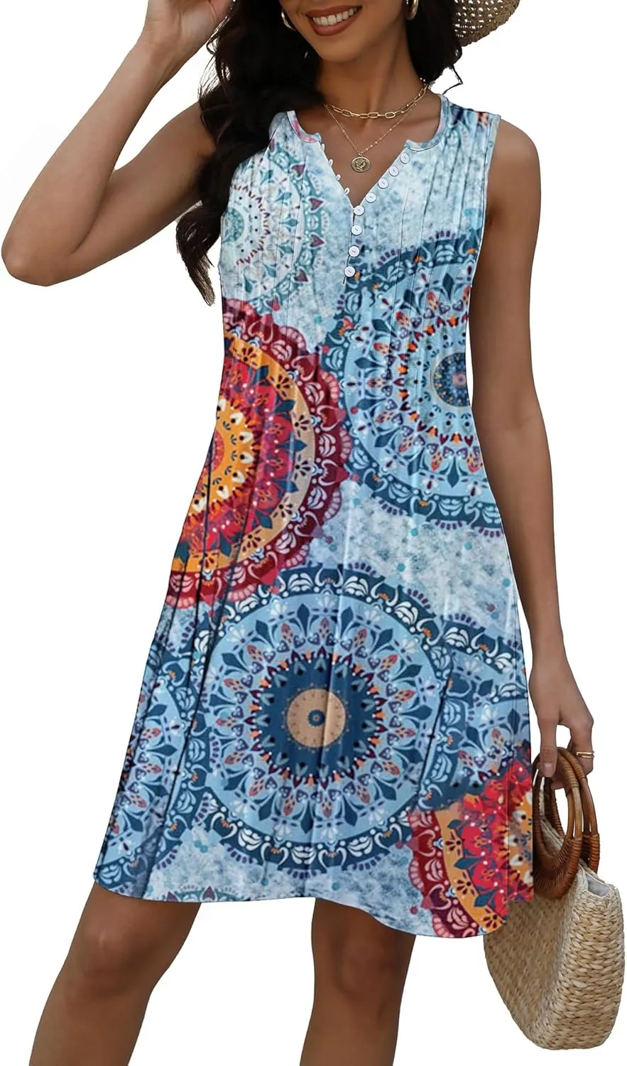 Disamer Beach Dresses for Women 2025 Vacation Swim Cover up V-Neck Summer Dress Button Down Sleeveless Boho Floral Sundress