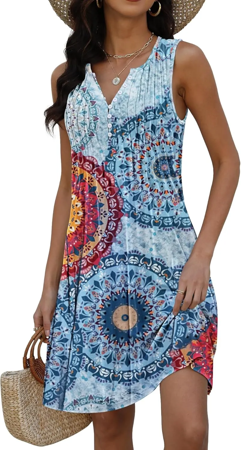 Disamer Beach Dresses for Women 2025 Vacation Swim Cover up V-Neck Summer Dress Button Down Sleeveless Boho Floral Sundress