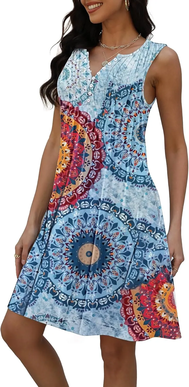 Disamer Beach Dresses for Women 2025 Vacation Swim Cover up V-Neck Summer Dress Button Down Sleeveless Boho Floral Sundress