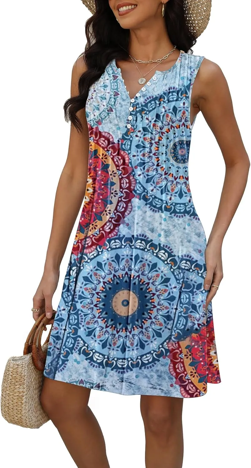 Disamer Beach Dresses for Women 2025 Vacation Swim Cover up V-Neck Summer Dress Button Down Sleeveless Boho Floral Sundress
