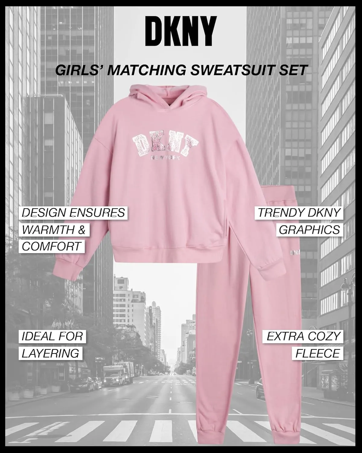DKNY Girls Fleece Set - 2 Piece Matching Set Sweatshirts and Sweatpants - Girls' Fashion Fleece Outfit (4-16)