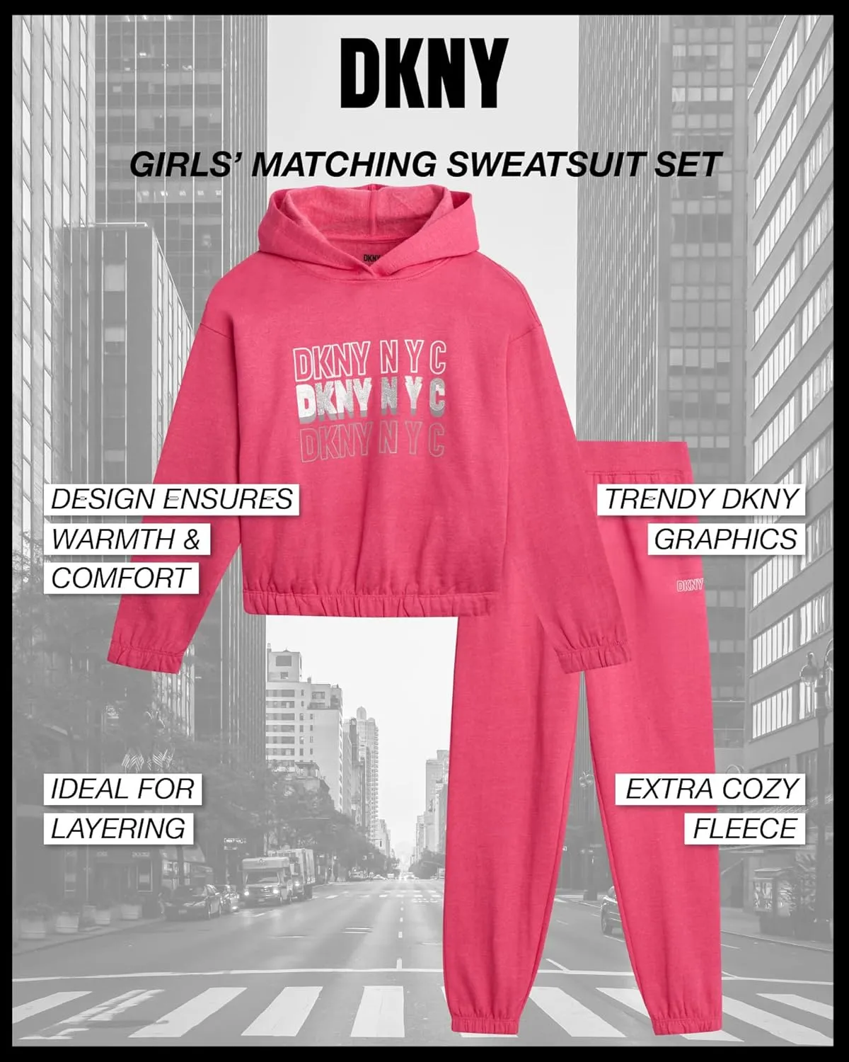DKNY Girls Fleece Set - 2 Piece Matching Set Sweatshirts and Sweatpants - Girls' Fashion Fleece Outfit (4-16)