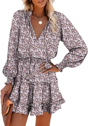 Dokotoo Spring Dresses for 2025 Boho Floral Drawstring V Neck Smocked Long Sleeve Ruffle Tiered Chiffon Mini Short Dress