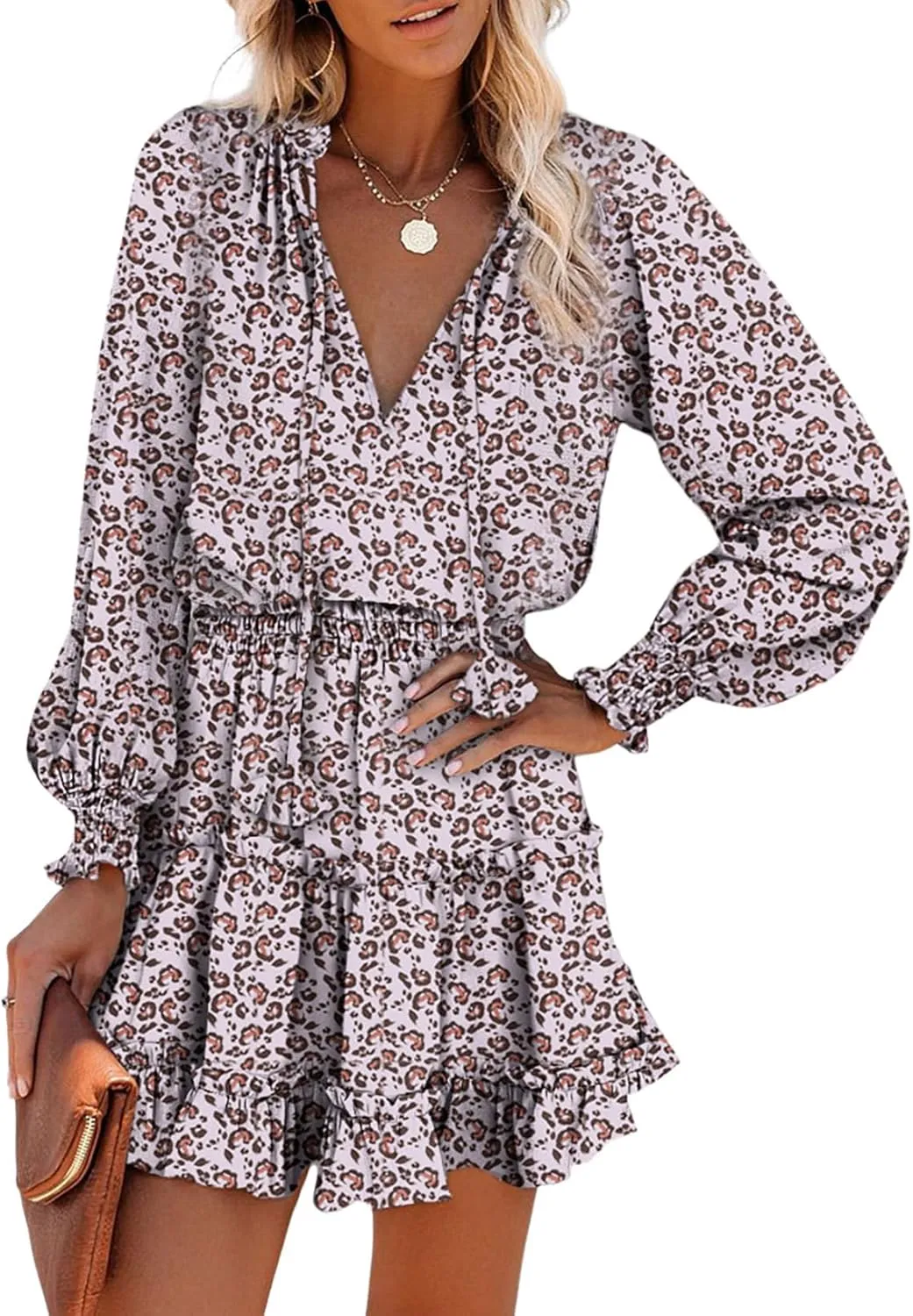 Dokotoo Spring Dresses for 2025 Boho Floral Drawstring V Neck Smocked Long Sleeve Ruffle Tiered Chiffon Mini Short Dress
