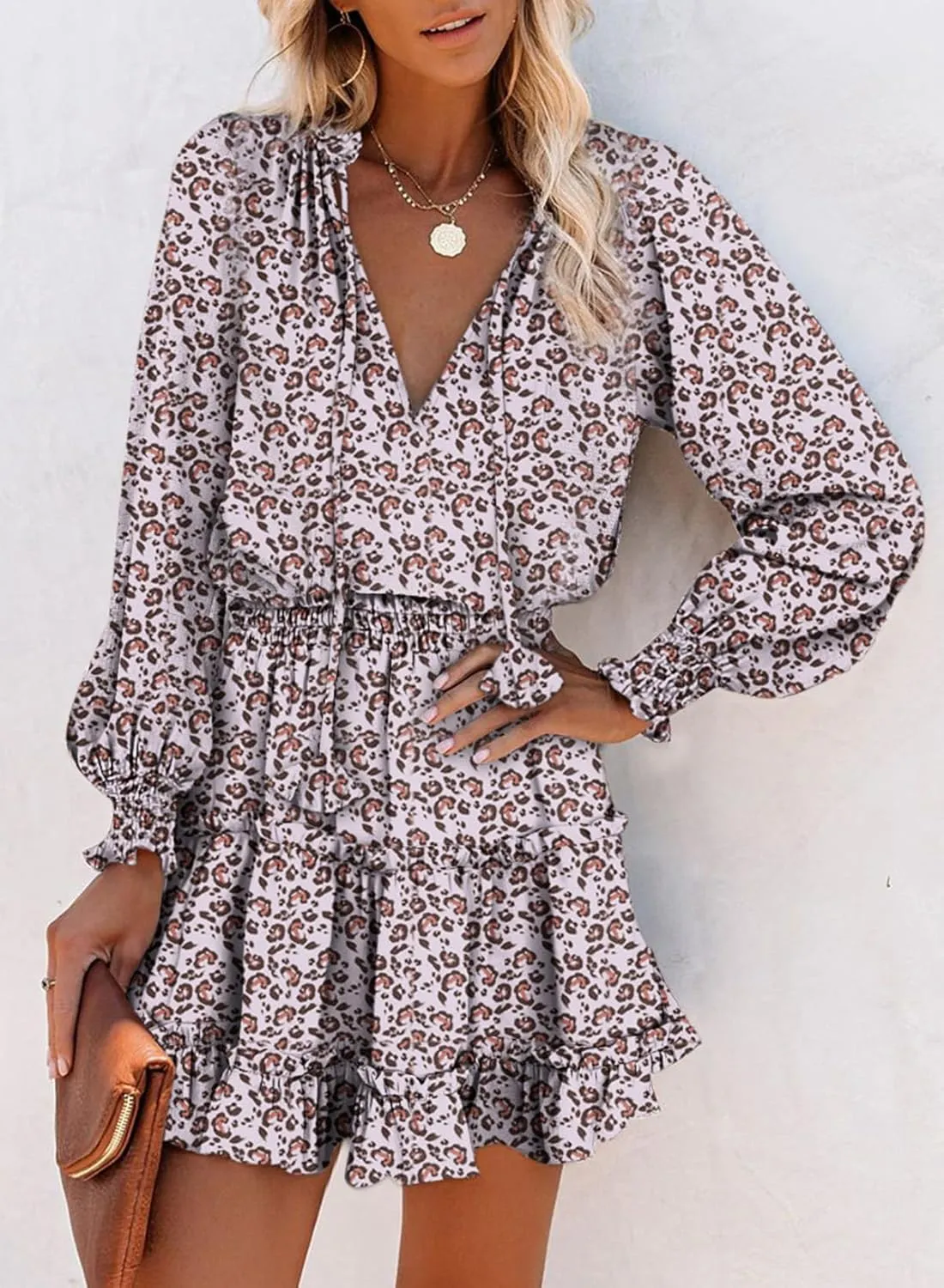 Dokotoo Spring Dresses for 2025 Boho Floral Drawstring V Neck Smocked Long Sleeve Ruffle Tiered Chiffon Mini Short Dress