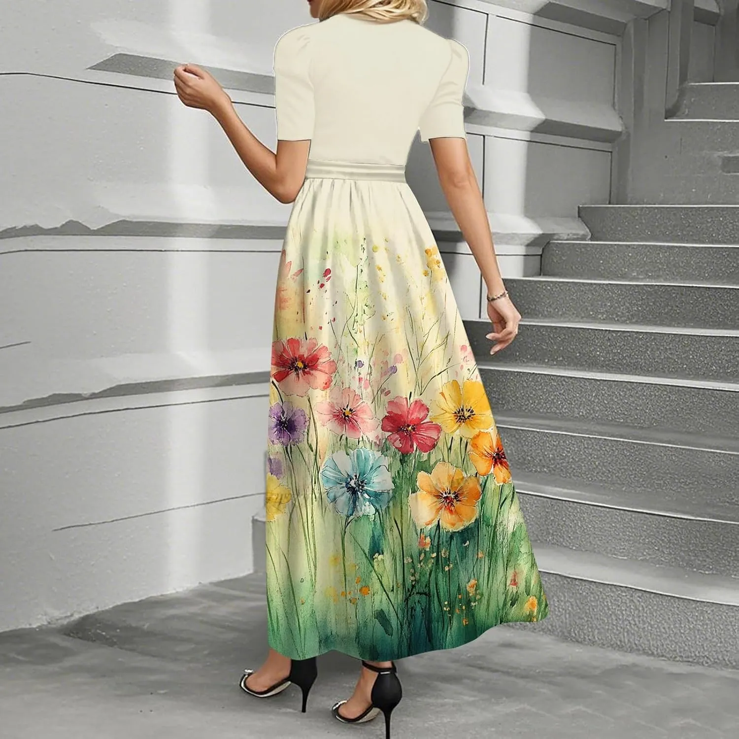 Dresses for Women 2025 Short Sleeve Round Neck Knee Length Dress A Line Long Flowy Beach Dress